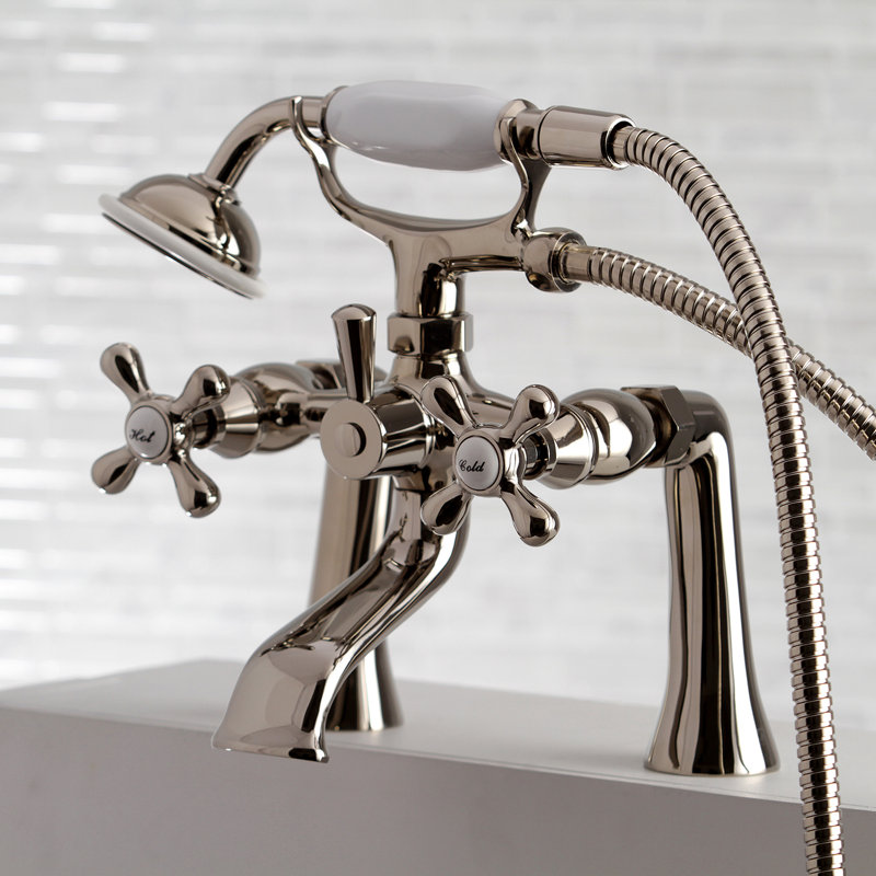 Kingston Brass Louis Triple Handle Deck Mounted Clawfoot Tub Faucet with Diverter and Handshower
